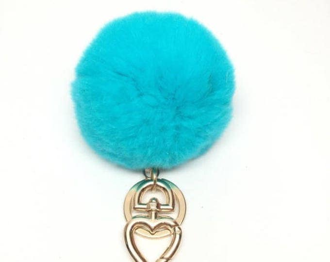 Heart Fur Pompom Keychain Rabbit Fur Ball Bag Charm Aqua