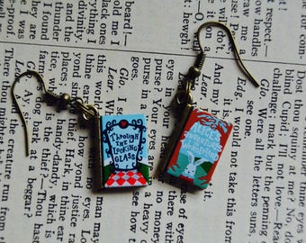 Alice in Wonderland Book Earrings, Through the Looking Glass earrings, Book dangle earrings, mis matched earrings, literary geek earrings