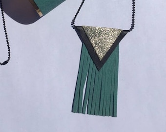 Black and gold leather triangles necklace, fringed turquoise