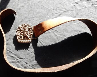 Bergamot Brass Works Belt Buckle- Amorous Hindu Theme - Hand Tooled Leather - 1974 Bergamot Buckle and Belt - 1974 Bergamot Brass Belt Hindu