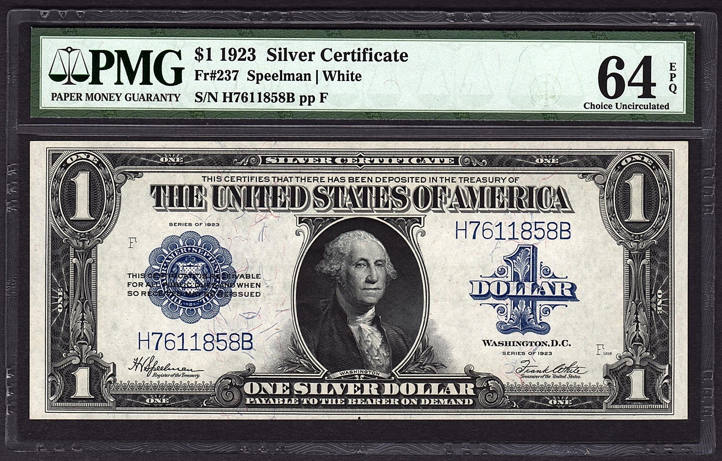 1923 One 1 Dollar Silver Certificate PMG 64 EPQ Fr.237 Blue