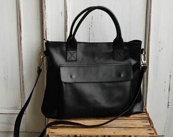 Black Leather Tote Bag with zipper. Crossbody bag. Laptop bag.