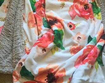 Watercolor floral blanket / Faux fur minky blanket / Pink and coral flower blanket / Baby girl floral nursery / Flower nursery bedding