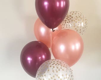 Rose Gold Burgundy & Clear Gold Confetti Latex Balloons~Wedding~Bridal Shower~Birthday~Rose Gold Maroon Balloon~Gold Confetti Look Balloon