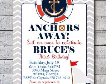 Anchor's Away, sail on over to celebrate, first birthday or birthday invites, printable marine invitations for happy birthday party