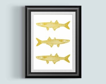 Fishing decorations, Fish wall art, Minnows Print, Real Gold Foil Print, Fish Artwork Wall Decor, Fishing, gone fishing, fish print