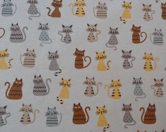 Cats Print Fabric - Linen Look Canvas. Cute Cats on Grey/Beige. For Curtains, Blinds, Furnishing, Bags, Bean Bags, Cat Beds, Craft