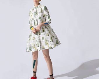 National Style Printed Stand Collar Shirt Dress