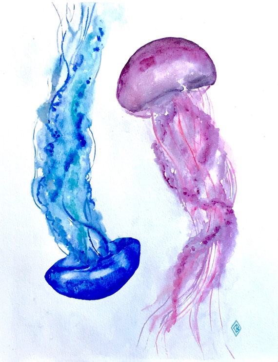 Jellyfish 11x14 original watercolor painting blue and