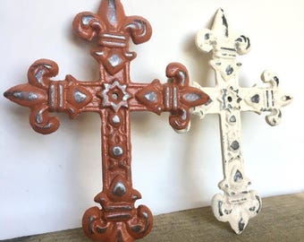 ON SALE Fleur de Lis Cross - Christian Wall Art - Gallery Wall Decor - Cast Iron Wall Cross - Decorative Crosses - Christian Gifts - Metal C