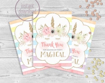Unicorn first birthday thank you card rainbow magical pastel floral gold magic watercolor. Instant download. 203CMPEX 202CMPEX