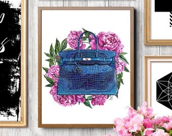 Hermes print, Hermes bag, peony print, Hermes Birkin bag, Hermes illustration, Fashion illustration, Fashion print, Hermes accessories