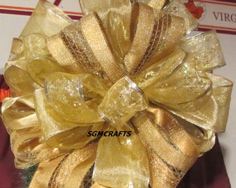 Gold Wired Ribbon Christmas Tree Topper Bow Gold Holiday Tree Topper Bow Gold Yule Tree Topper Bow Anniversary Bow Christmas Tree Topper Bow