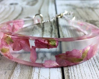 Pink flower bracelet-summer bracelet-resin jewelry-resin bracelet-real flower bracelet-summer jewelry-pink jewelry-real flower jewelry