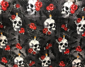 Red rose skulls and spider webs Halloween fabric, black fabric, skull fabric, Halloween night,