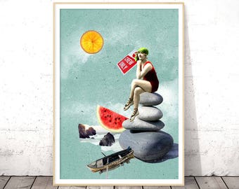 Surrealism, Dorm Wall Art, Surreal Art, Beach Wall Art, Summer Print, Nautical Decor, Instant Download Printable Art, Surreal Collage Art
