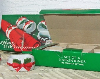 12 Ribbon & Holly Napkin Rings by Mt. Clemens Pottery, Original Boxes, 1986