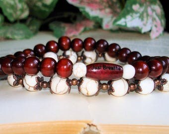 Just Breathe Bracelet Stacking Stretch Yoga Bracelet Duo, Rosewood Mala Beads, Copper Healing Yoga Jewelry, Gemstone healing C 823 824