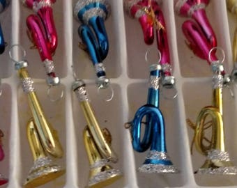 Vintage Glass Horn Ornaments - Glass Ornaments Made in Mexico - Colorful Glass Christmas Ornaments - Music Themed Ornaments - Made in Mexico