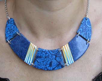 Blue polymer clay bib necklace.