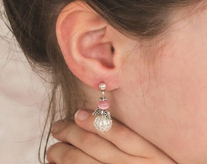 Pink Angel Earrings, Pink Cat's Eye Glass & Silver Filigree Bead Angel Stud Earrings, Unique Birthday Gift, Angel Jewelry, Gift for Her