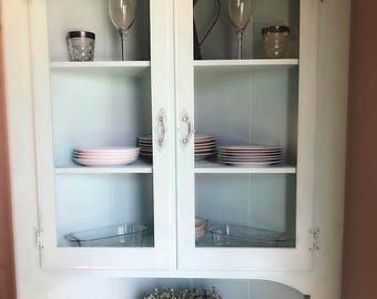 Gorgeous Vintage Corner Cabinet , Rustic Kitchen Cabinet , Farmhouse Decor,Shabby Chic , Chippy, Robins Egg Blue White Washed