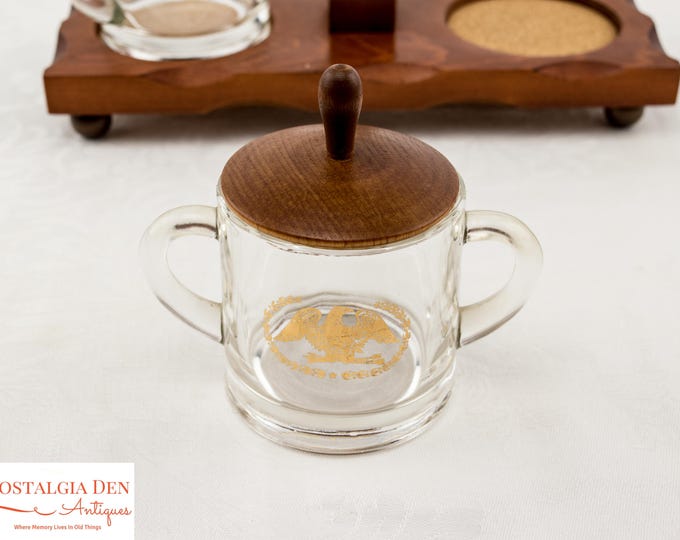 Vintage Creamer and Sugar Set on Wooden Tray | Clear Glass with Gold Federal Eagle