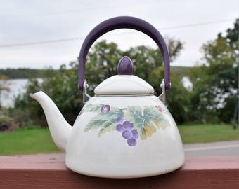 Vintage White Enamel teapot with Purple Handle/ Vintage White Tea Kettle