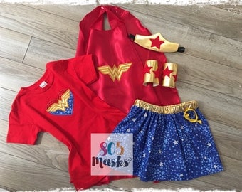 Child Wonder Woman Costume, Wonder Woman Headband, Wonder Woman Arm Cuffs, Wonder Woman Cape, Wonder Woman Skirt, Halloween Costume