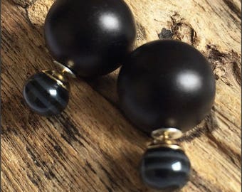 Beautiful and classy black and grey stripes double pearls earrings (French style tribal chic studs)