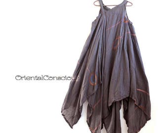 Asymmetric Jagged Maxi Flare Dress Cotton100% Boho Goth Asian Natural Ethnic