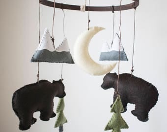 Woodland Mountain + Bear Felt Baby Crib Mobile: Woodland (Outdoor) Theme- Mountain + Bear Nursery Decor- Custom Colors Available