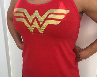 Ready to ship - Wonderwoman shirt - Wonder Woman Tank Top - Wonder Woman with Gold Glitter Emblem - Woman's tank - red - gift for mom