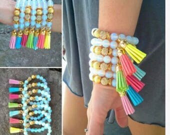 white opal, lokai bracelet, shambala bracelet, stacked bracelet, tassel bracelet