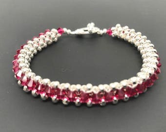 Swarovski Crystal Bracelet, Swarovski Bracelet, crystal bracelet, silver bracelet, beaded bracelet, woven bracelet, ruby bracelet