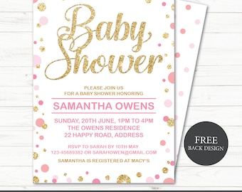 Printable Baby Girl Shower Invitation | Baby Shower Invite | Girl Shower | polka dots | gold glitter polka dot | Editable Instant download