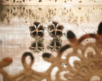 Citrine, silver, small flower stud earrings