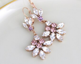 Rose gold earrings, Bridal earrings, Chandelier earrings, Bridal jewelry, Blush crystal earrings, Swarovski earrings, Wedding earrings