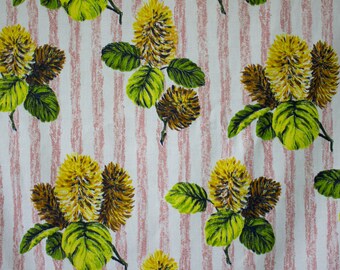 vintage unused 1950s blossom & stripe floral print cotton barkcloth fabric