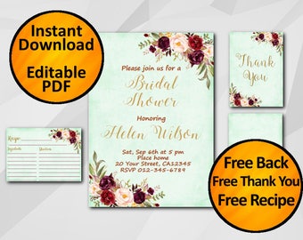Bridal Shower Invitation set Watercolor SALE 60% OFF Instant Download turquoise Editable free recipe free thank you free back X321t4