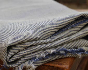 Vintage Herringbone Fabric / Vintage Cotton Woven Material Blue & Cream Beautifully Aged and in Excellent Condition. 1m x 1.55m