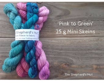 Superwash Merino/Nylon 80/20 Sock yarn Minis 4 x 25 g in 'Pink to Green' colourway.