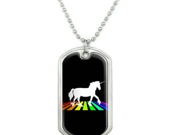Unicorn Crossing Rainbow Military Dog Tag Pendant Necklace with Chain