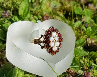 Opal & Garnet Navette Style 9ct Gold Ring