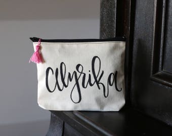 Personalized Canvas zipper pouch, personalized gift, personalized bridesmaid gift, personalized cosmetic bag, personalized makeup pouch