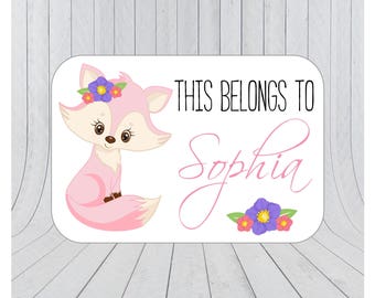 36 x fox name stickers, kids name stickers, kids name labels, fox stickers, personalised name stickers, back to school, 089