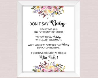 Dont say baby game printable, dont say baby sign, don't say baby boho baby shower game, Floral DIY Baby Shower Game INSTANT DOWNLOAD pdf BL2
