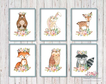 Boho Woodland Animals Set / 8x10 Nursery Art / Printable / Floral Watercolor/ Instant Download/ Baby Shower Theme Decor / Bedroom Wall Art
