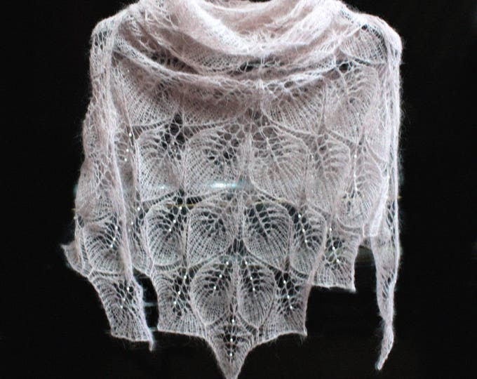 Knitted shawl, beige shawl, knit shawl with beaded, knit scarf, triangular scarf, mohair shawl, openwork scarf,bridal shawl, wedding wrap