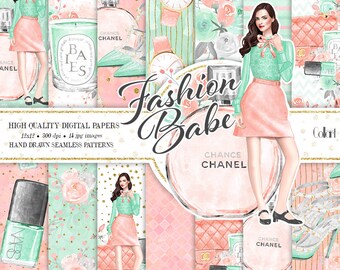 Fashion Digital Paper Pack, Hand Drawn Watercolor Fashion Illustration, Fashion Girl Clipart, Seamless Patterns, Makeup Shopping Paper Pack